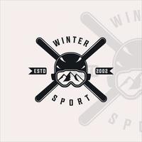 ski sport logo vintage vector logo illustratie sjabloon pictogram grafisch ontwerp. helm skibril symbool of teken voor wintersport winkel of bedrijf met retro typografie stijl