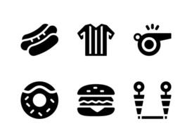 eenvoudige set van voedsel en voetbal spullen gerelateerde vector solide pictogrammen. bevat iconen als hotdog, scheidsrechter, fluit en meer.