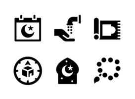 eenvoudige set van ramadan gerelateerde vector solide pictogrammen. bevat iconen als kalender, wassing, gebedskleed en meer.