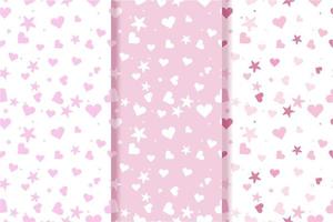 naadloze patroon achtergrond vector set met schattige liefde harten en sterren. in roze en paarse babykindkleuren. eindeloze romantische textuur voor textieldruk, inpakpapier, cadeaupapier, kleding, handdoeken