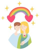 leuke kaart voor Valentijnsdag, hand tekenen lesbienne, bi-paar, regenboog met hart en vonken. vectorillustratie voor typografie. vector