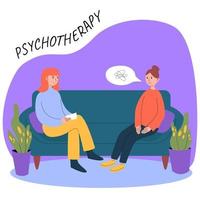concept van psychotherapie. psychotherapeut of psychiater, een psycholoog zit op de bank met een verdrietige meisjespatiënt die in zichzelf verward is. vectorillustratie in vlakke stijl. vector