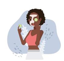 gezichtshuid behandeling concept.arican amerikaanse vrouw met plakjes komkommer op haar oog. gezichtsmasker. spa therapie. platte vector cartoon karakter illustratie.