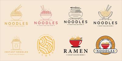 set van noedels of ramen logo lijntekeningen en vintage vector illustratie sjabloon pictogram grafisch ontwerp. bundelverzameling van verschillende tekens of symbolen voor restaurant- en cafévoedselconcept