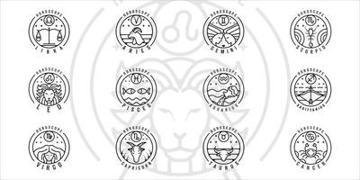 set van dierenriem of Horoscoop logo lijn kunst vector illustratie sjabloon pictogram grafisch ontwerp. bundelverzameling van verschillende cirkelbadges van astrologie met typografie
