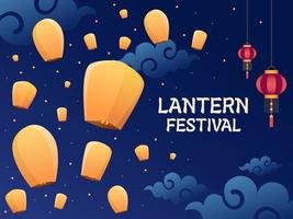 chinese lantaarn festival illustratie met lantaarns die in de nacht vliegen. medio herfst festival. kan worden gebruikt voor wenskaarten, ansichtkaarten, uitnodigingen, posters, banners, web, print, animatie, enz. vector