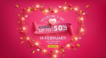Valentijnsdag verkoop poster met liefde hart en symbool van hart van led-verlichting op rode achtergrond. promotie- en winkelsjabloon voor liefde en valentijnsdagconcept. vector
