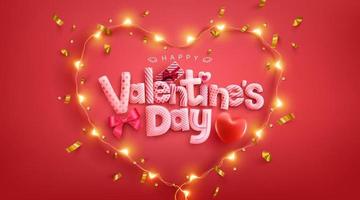 happy Valentijnsdag poster of banner door schattig lettertype in hartvorm met led-verlichting frame. promotie- en winkelsjabloon of achtergrond voor liefde en Valentijnsdagconcept vector