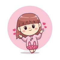 valentijn dag liefde teken gelukkig schattig en kawaii meisje met roze hoodie konijntje cartoon manga chibi vector