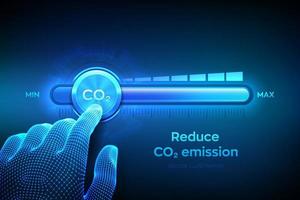 controleconcept voor kooldioxide-emissies. co2 niveau verlagen. wireframe-hand trekt naar de minimale positie koolstofdioxide-voortgangsbalk. co2 reductie of verwijdering concept. vectorillustratie. vector