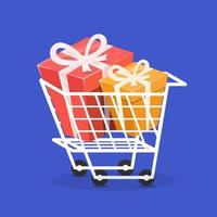 trolley met geschenkdoos, concept van winkelen. vector illustratie