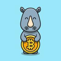 schattige neushoorn met bitcoin cartoon vector pictogram illustratie