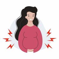 zwangere vrouw ervaart buikpijn. problemen met zwangerschap. dreiging van een miskraam. draagtijd. geboorte pijnen. vector