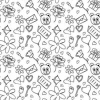 Valentijnsdag patroon. naadloos patroon met hartjes, geschenkdoos, bloemen, teddybeer, roos. set valentijnsdagpictogrammen vector