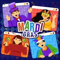 groepsviering mardi gras carnaval met videogesprek vector