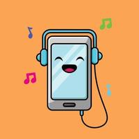 schattige mobiele telefoon luisteren muziek met hoofdtelefoon cartoon vector pictogram illustratie. muziek en technologie pictogram concept geïsoleerde premium vector. platte cartoonstijl