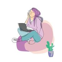 moderne vrouw werkt op haar computer chat met beginnende klanten zitten in een lounge stoel thuis. meisje met laptop. online onderwijs concept. hand getrokken schets stijl, geïsoleerd op een witte background.vector vector