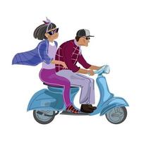 vector cartoon illustratie van oude mensen die een scooter besturen, vector illustratie op een witte achtergrond. bejaarde gelukkige paar reizen op een scooter. actieve gepensioneerden levensstijl