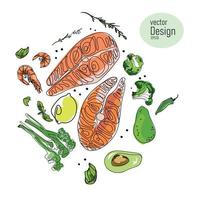 kleurrijke steaks van rode zalm vis, met groenten, avocado garnalen en kruiden geïsoleerd op een witte achtergrond, gezonde voeding getekend in lijn kunststijl, vectorillustratie vector