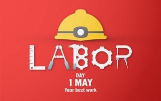 Happy Labor Day op 1 mei van jaren. Sjabloonontwerp voor banner, poster, dekking, advertentie, website. Vector illustratie in papier knippen en ambachtelijke stijl op rode achtergrond.