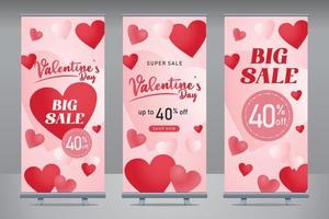 roll-up banner Valentijnsdag grote super verkoop met hart roze achtergrond sjabloon vector