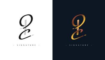 p en c handtekening eerste logo-ontwerp met handschriftstijl in goudverloop. pc handtekening logo of symbool voor bruiloft, mode, sieraden, boutique, botanische, bloemen en zakelijke identiteit vector