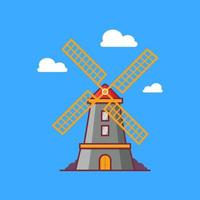 illustratie van windmolen of teken geïsoleerd op blauwe achtergrond. molen symbool. kleurrijke vectorillustratie vector