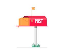 rode brievenbus. open brievenbus met letters erin. enveloppen in brievenbus. brievenbus met ontvangen vlag. vector eps illustratie