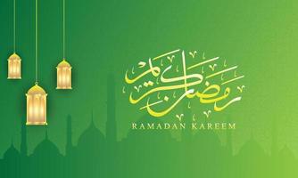 ramadan kareem-ontwerp met arabische kalligrafie, lantaarn, moskee en patroonachtergrond vector