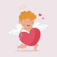 lachende cupido met een groot rood hart in zijn handen. vectorillustratie in vlakke stijl van een engel met vleugels - een symbool van 14 februari, heilige Valentijnsdag. vector