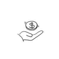 hand getrokken geld besparen pictogram, salaris geld, investeren financiën, hand met dollar, lijn symbolen op witte achtergrond doodle vector