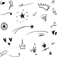 handgetekende zwiepen, swoops, nadrukkrabbels. markeer tekstelementen, kalligrafiewerveling, staart, bloem, hart, graffiti crown.doodle-stijl vector
