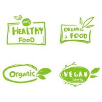 verzameling van veganistisch, eco, bio, biologisch, vers, gezond, 100 procent, natuurlijk voedsel. natuurlijk product. doodle embleem café, badges, tags, verpakking. vectorillustratie. vector