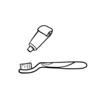 hand getekende tandenborstel en tandpasta illustratie met doodle stijl vector