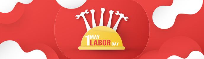 Happy Labor Day op 1 mei van jaren. Sjabloonontwerp voor banner, poster, dekking, advertentie, website. Vector illustratie in papier knippen en ambachtelijke stijl op rode achtergrond.