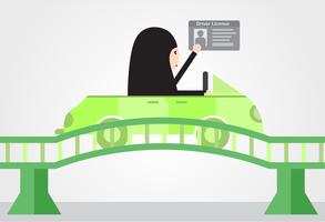 Vrouw rijdt een groene auto in Saoedi-Arabië op de brug. Arabische volwassenen krijgen een rijbewijs. Vector illustratieontwerp in vlakke stijl.