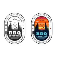 bbq avontuur logo vintage ontwerp. fastfood restaurant-logo. restaurant in de natuur. klassiek bbq-logo. vintage logo-ontwerp van de berggrill vector