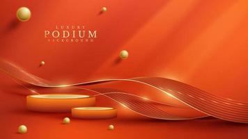 oranje productvertoningspodium met gouden krommelijn en 3D-balelementen met bokehdecoratie en glitterlichteffect. vector