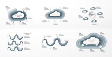 Set van infographics elementen met papier gesneden wolken. Grafieken voor bedrijfspresentatie, sjabloon, webbanner en motie grafisch met exemplaarruimte voor tekst op grijze achtergrond. vector