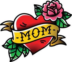 een tatoeage met de inscriptie van mama. een hart- en bloemtattoo met een bloem. tatoeage in de stijl van de Amerikaanse old school. vector platte tatoeage. de afbeelding is geïsoleerd op een witte achtergrond.