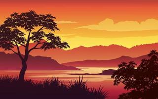 meer en berg zonsondergang illustratie. boom en gras in silhouet. landschap in vlakke stijl vector