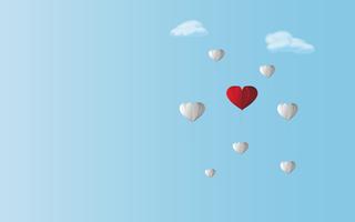Houd van rode hartballon tussen witte ballons op blauwe hemelachtergrond. Valentine en koppelthemokunstwerk Verschil van kleurenconcept maar samengaand als groepswerk in zelfde richting door lucht vector