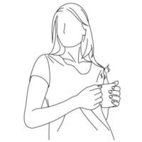 jonge slimme mooie lachende vrouw genieten van de geur van een vers kopje koffie of thee. een vrouw die van zijn ochtendkoffie nipt. gelukkige vrouw die een kopje vasthoudt en koffie drinkt tijdens het ontbijt, fijne dag nog vector