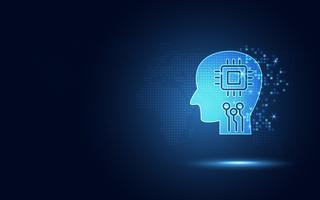Futuristisch blauw menselijk digitaal circuit en microchip in hersenen als kunstmatige intelligentie of AI-robotica. digitale transformatie abstracte technische achtergrond. Autonoom en internet der dingen
