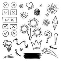 doodle vector set illustratie met hand loting lijn kunst stijl vector. kroon, koning, zon, pijl, hart, liefde, ster, werveling, swoops, nadruk, voor conceptontwerp