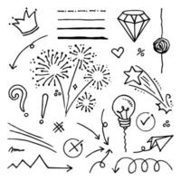 doodle vector set illustratie met hand loting lijn kunst stijl vector. kroon, koning, zon, pijl, hart, liefde, ster, werveling, swoops, nadruk, voor conceptontwerp