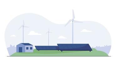 alternatief schone energieconcept met windturbines en zonnepanelen. vector illustratie