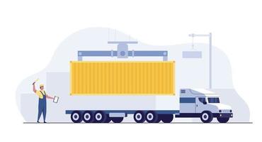 vrachtlogistiek vrachtwagen en transportcontainer. werkende kraan import export transportindustrie. vector