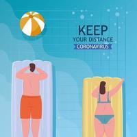 sociale afstand op het zwembad, paar liggend op vlotter afstand houden, nieuw normaal zwembadconcept na coronavirus of covid 19 vector