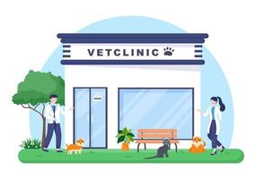 veterinaire kliniek arts onderzoeken, vaccinatie en gezondheidszorg voor huisdieren zoals honden en katten in platte cartoon achtergrond vectorillustratie voor poster of banner vector